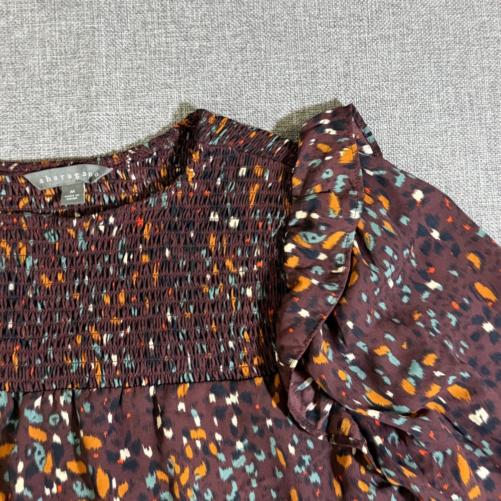 Sharagano Smocked Blouse Womens M Burgundy Abstract Ruffle Boho Career Top - Picture 3 of 10